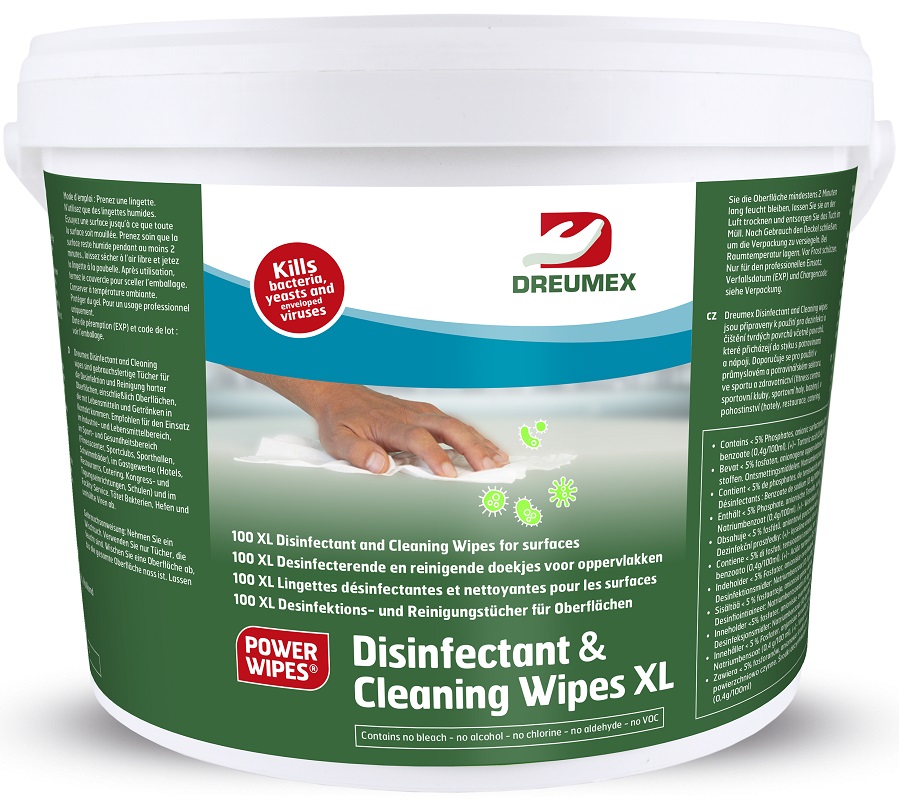 DREUMEX® DISINFECTANT & CLEANING WIPES, Eimer mit 100 XL Tüchern, 14495001